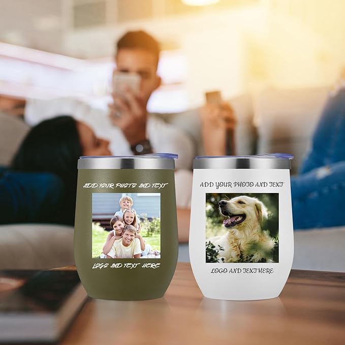 12 Pack Personalized Wine Tumbler,12oz Custom Stainless Steel Coffee Mug,Tumblers with Lids,Customizable with Picture and Names Engraving,Suitable for Woman,Men,Families and Travel