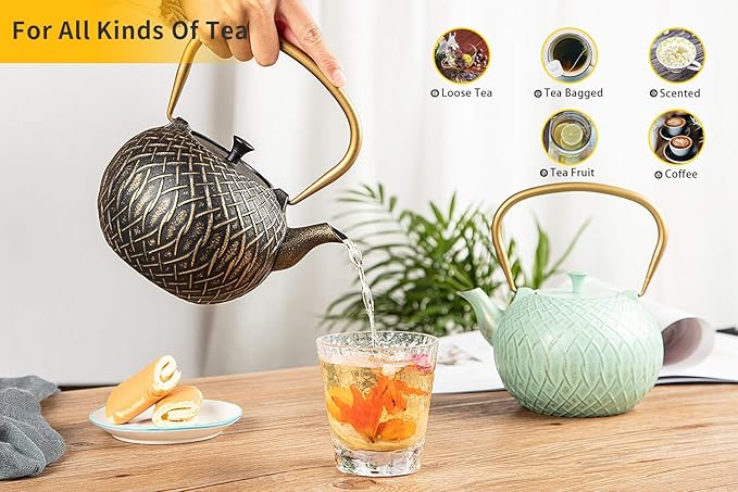 Tea Kettle, Toptier Japanese Cast Iron Tea Kettle for Stove Top, Stovetop Safe Teapot with Infusers for Loose Tea, 34 Ounce (1000 ml), Turquoise Melody