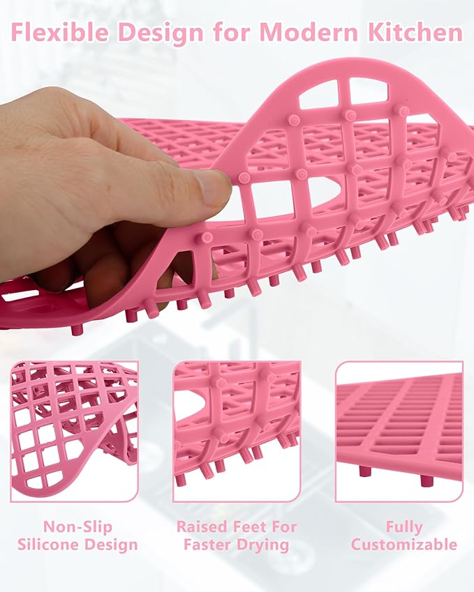 2 Pack Silicone Sink Protectors for Kitchen Sink, Lozenge Pattern 13 x 11 Inches Sink Mat, Non-Slip and Durable Sink Protector Silicone, Rear Drain, Pink