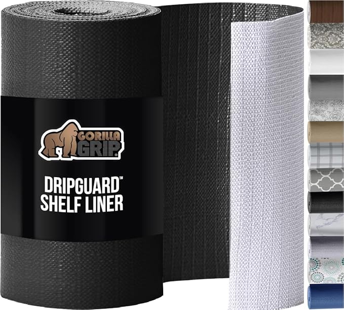 GORILLA GRIP DripGuard Shelf Liner, Non Adhesive Drawer and Kitchen Cabinet Protector, Slip Resistant BPA Free Smooth Surface Plastic Liners for Cabinets, Bathrooms, Closets, 17.5x240 Inch, Black