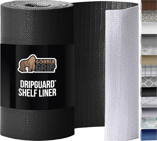 GORILLA GRIP DripGuard Shelf Liner, Non Adhesive Drawer and Kitchen Cabinet Protector, Slip Resistant BPA Free Smooth Surface Plastic Liners for Cabinets, Bathrooms, Closets, 17.5x240 Inch, Black