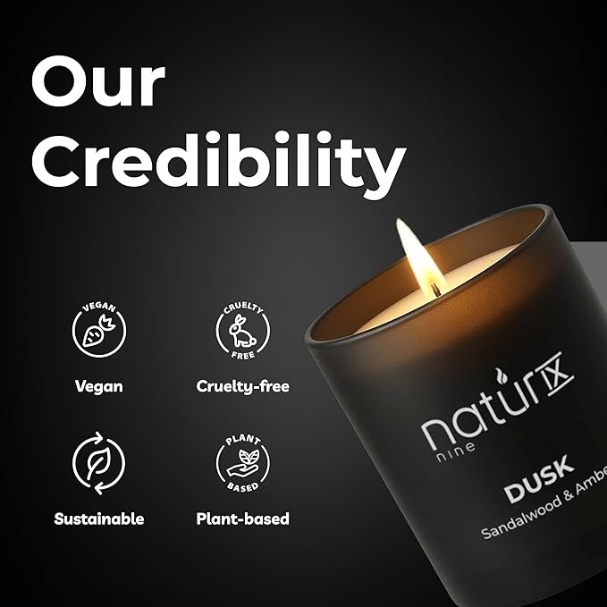 Natur IX Dusk Scented Candles for Home | Sandalwood & Amber | Natural Non Toxic Soy Candles with Essential Oils | 50 H Long Burning