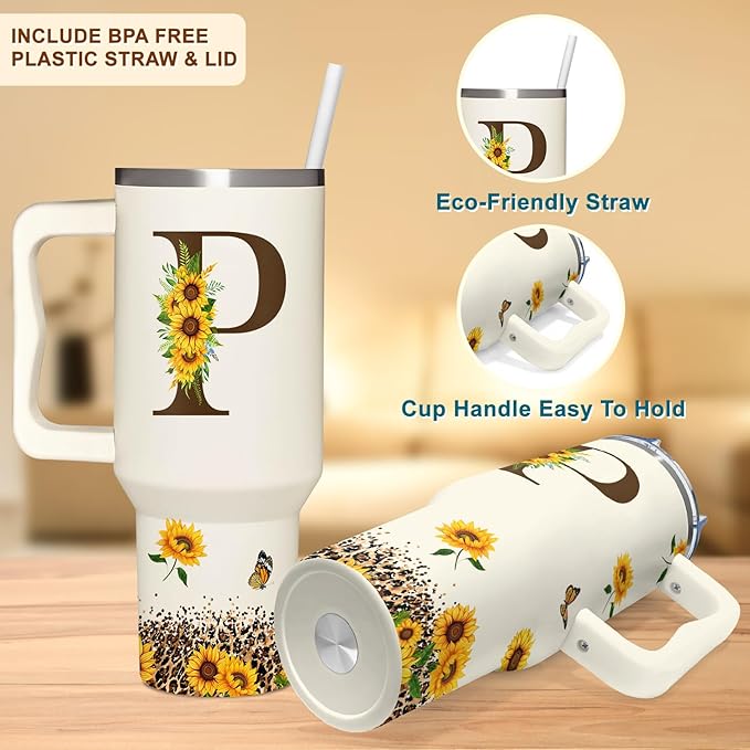 Personalized Birthday Gifts For Women - Sunflowers Monogrammed Cup For Boss Day, Christmas - Customized Gifts For Women, Mom, Wife, Coworkers, Boss Lady, Her - Custom Tumbler With Handle 40oz