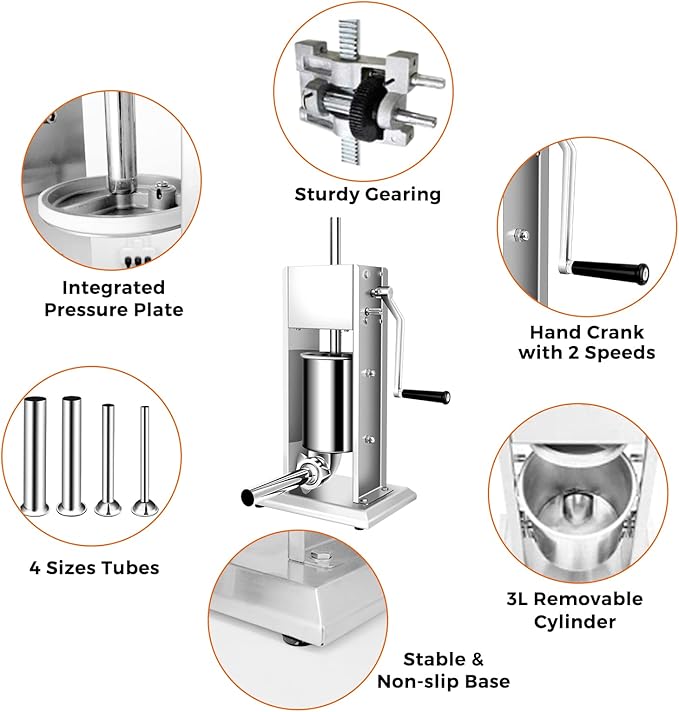 YBSVO 7 lb. Stainless Steel Vertical Manual Sausage Stuffer with 5/8", 7/8", 1 1/4", and 1 1/2" Stainless Steel Funnels