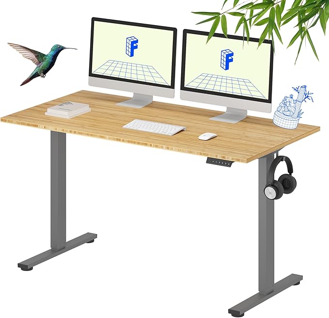 FLEXISPOT EN1 Bamboo Standing Desk, 55 x 28 Inches One-Piece Electric Height Adjustable Desk for Home Office (Silver Frame + Bamboo Top, 2 Packages)