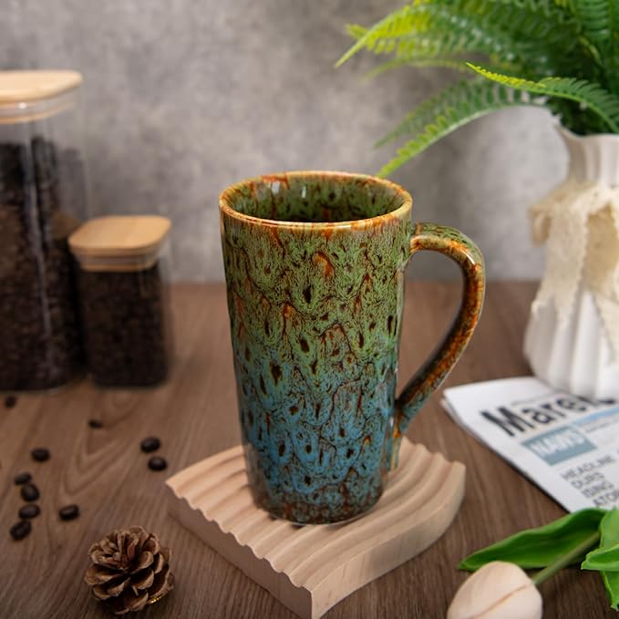 20oz Porcelain Coffee Mugs Set of 2, Large Tall Coffee Mugs with Handles, Modern Ceramic Coffee Cups for Coffee, Tea, Cocoa, Milk, Gifts for Women Men - Green & Blue
