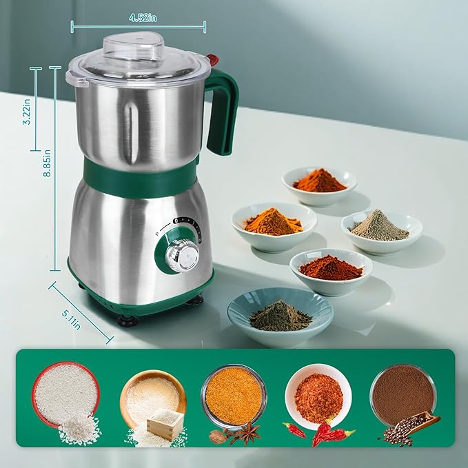 Spice Grinder Electric,Herb Nut Grinder for Kitchen,Detachable Espresso Grinders with Stainless Steel Blades,Filter and Brush, 500w Dry and Wet Grain Mill for Coffee,Rice,Bean,Seasoning (Green-X)