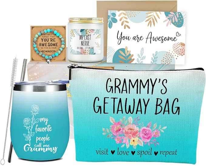 Grammy Grandma Gifts,Grandma Birthday Gifts, Funny Anniversary Retirement Gift for Women Grandmother New Granny Christmas Mothers Day Wine Tumbler Makeup Bag Bracelet Scented Candle Set with Gift Box