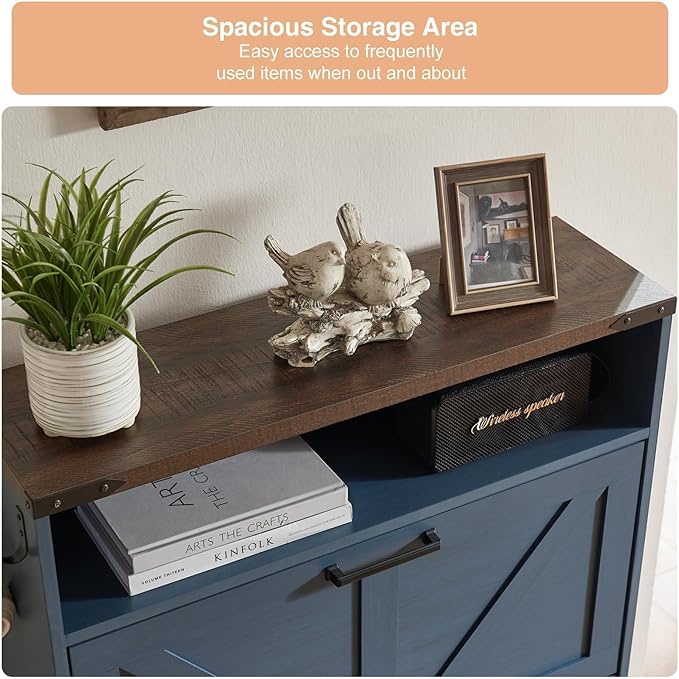 Shoe Storage Cabinet,Farmhouse Shoe Organizer with 2 Flip Drawers & Barn Door Design,Freestanding Hidden Slim Narrow Shoe Rack Cabinet with Open Storage for Entryway, Foyer,Hallway,Navy Blue