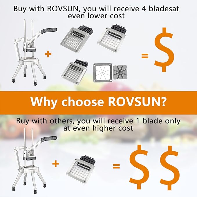 ROVSUN Commercial Vegetable Chopper French Fry Cutter Stainless Steel w/ 4 Sizes Blades, Fruit Potato Slicer, 1/2", 3/8", 1/4" & 8-Wedge Blades and Pusher Blocks for Restaurants, Home & Kitchen