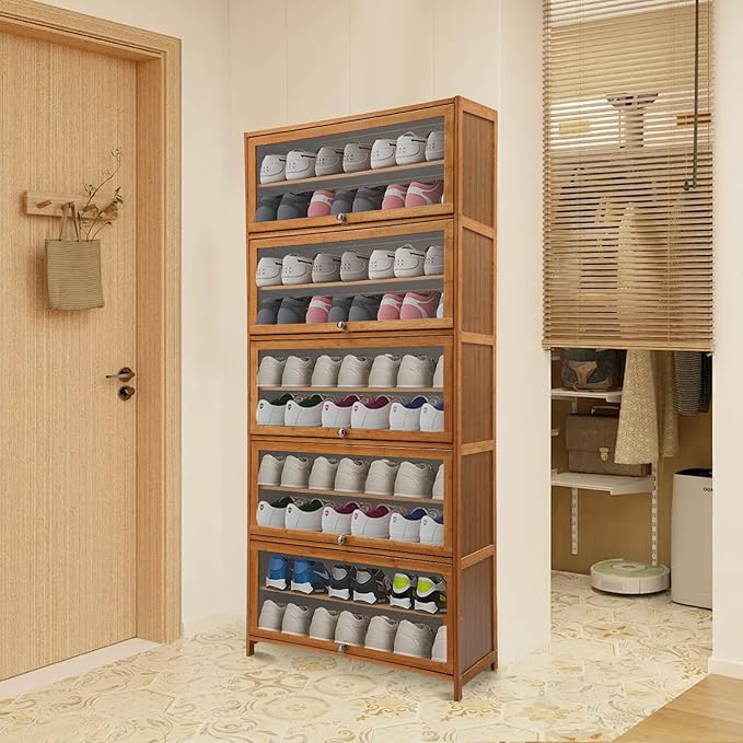 11Tier Bamboo Shoe Cabinet Shoe Storage Cabinet with Doors Freestanding Bamboo Shoe Rack Organizer with Shelves Tall Shoe Cabinet with Clear Doors for Entryway, Hallway, Closet, Living Room