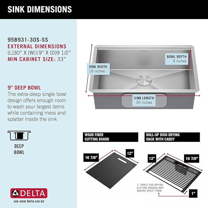 DELTA FAUCET Rivet 30-Inch Workstation Kitchen Sink Undermount 16 Gauge Stainless Steel Single Bowl with WorkFlow Ledge and Chef’s Kit of 6 Accessories, 95B931-30S-SS