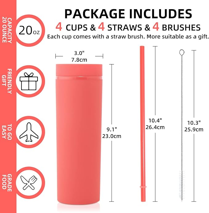 Volhoply 20oz Plastic Skinny Tumblers Bulk 4 Pack,Double Wall Tumbler with Lid and Straw,Reusable Travel Iced Coffee Mug,BPA Free Matte Acrylic Water Cups With Straw for Party,DIY Gifts(Red, 4 Set)