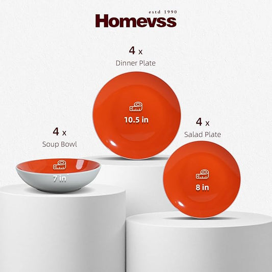 Stoneware Coupe Shape 12pc Dinnerware Set, Outside White + Inside Coral