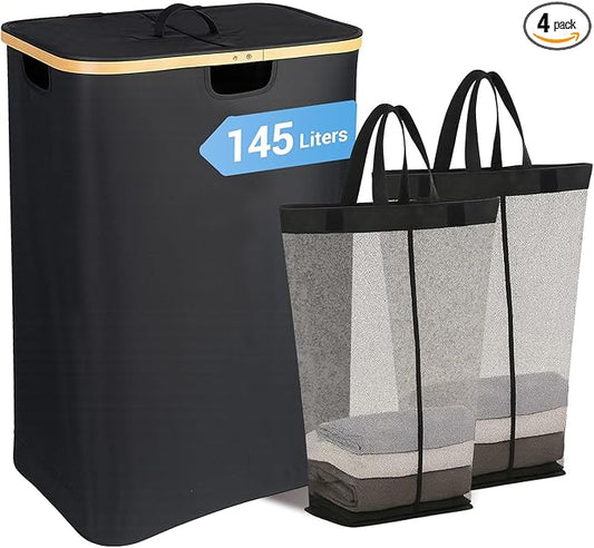 145L Double Laundry Basket with Lid, 2 Section Dirty Clothes Hamper with 2 Removable Bags for Bedroom, Bathroom, Dorm, Black