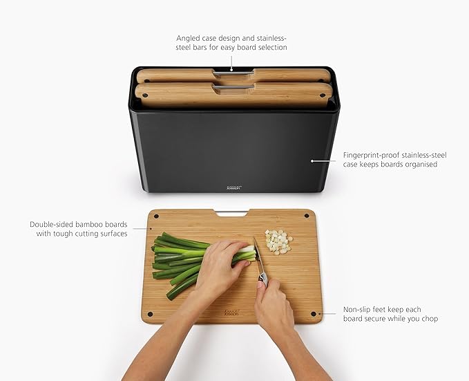Joseph Joseph Folio 3-Piece Premium Bamboo Cutting Board Set, Slimline Stainless Steel Case for Organized Kitchen Storage