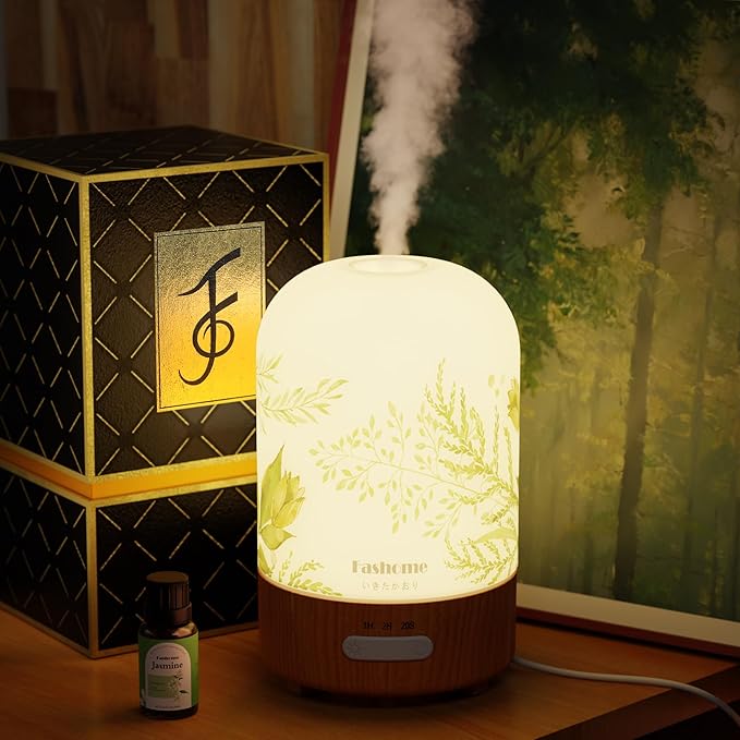 Essential Oil Diffuser Hand Blown Glass, 100ml Small Aromatherapy Diffuser, Auto Shut-Off Function, Ultrasonic Diffusers for Essential Oils, Cool Mist Humidifier with Warm White Lights (Jasmine)