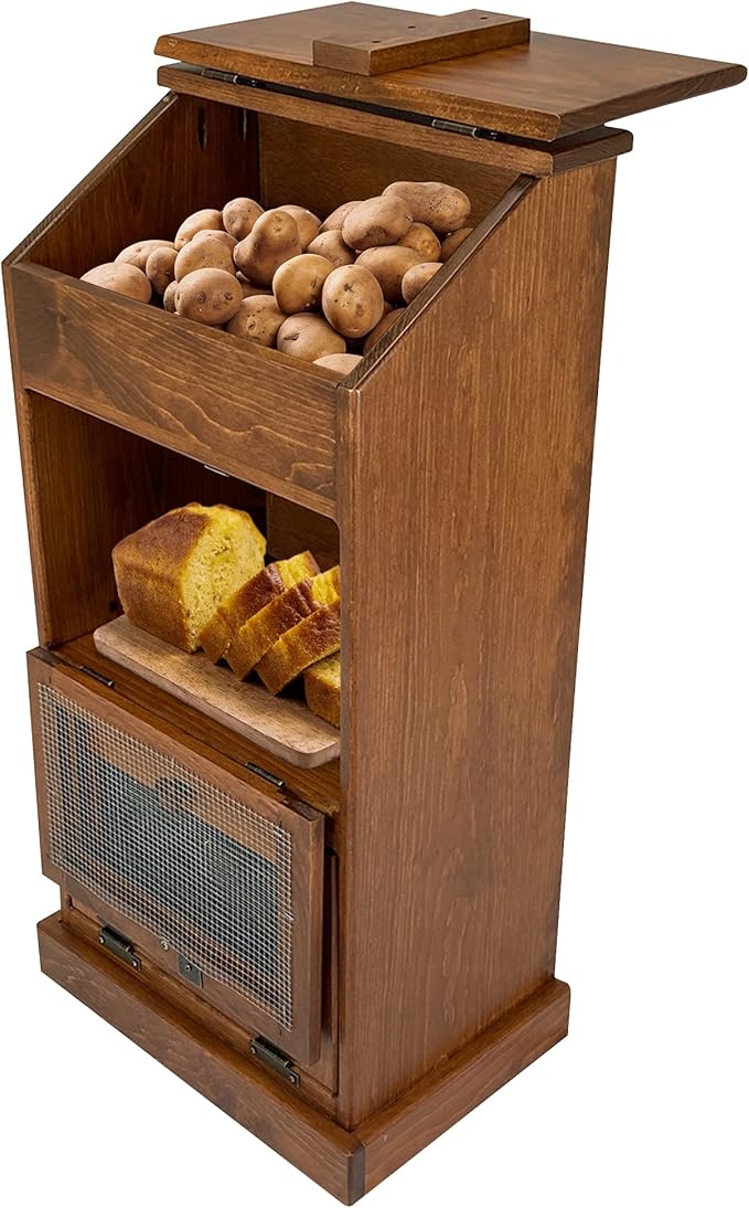 Peaceful Classics Potato Storage Wood Box, Wooden Bread Storage Bins, Decorative Potato Onion Storage Bin, Potato Bin w/Grocery Section, Wooden Vegetable Storage w/Lid Kitchen Pantry, Cherry KS302C