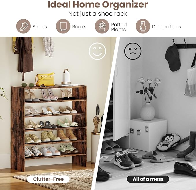COSTWAY 6-Tier Shoe Rack, Extra Wide Shoe Shelf Organizer with Stackable Design, 31" Freestanding Adjustable Storage Shoe Stand for Small Space Entryway Hallway Closet (1,Rustic Brown)