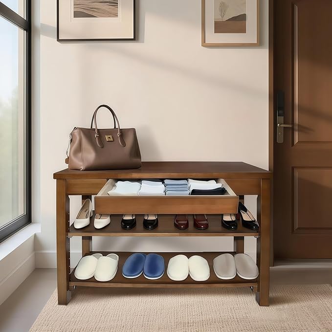 Shoe Storage Bench Wood Entryway: Shoe Rack Bench with Drawer 3-Tiers Height Adjustable,Rustic Wooden Organizer for Front Door Entrance Hallway Living Room,Mudrooms (Walnut 2-Tiers, 31.5")