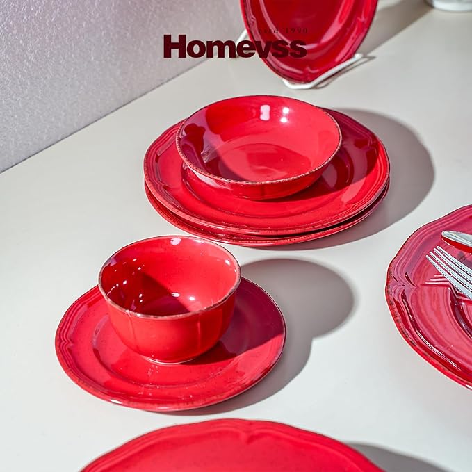 56pc Dinnerware Set, Plate and Bowl Set, Stoneware Dishes Set for 8, Microwave and Dishwahser Safe, Scratch Resistant, French Countryside Speckled Antique Red