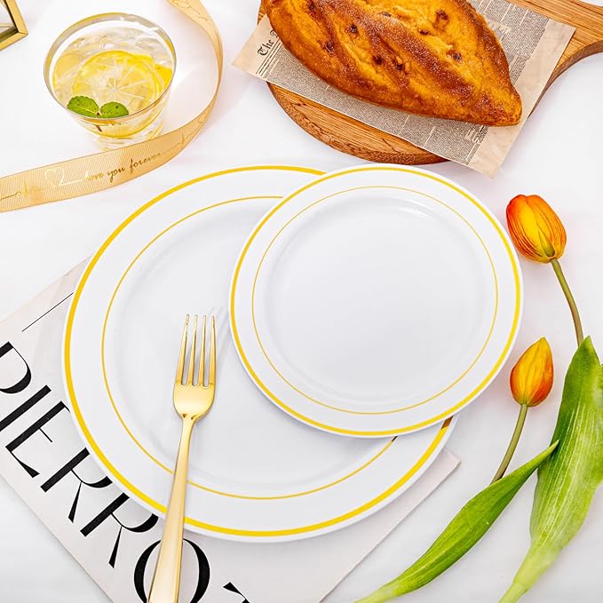I00000 350Pcs Gold Dinnerware Set for 50 Guests, Gold Plastic Plates for Party, Include: 100 Disposable Plastic Plates, 50 Paper Napkins, 50 Cups, 50 Silverware Set Perfect for Party & Wedding