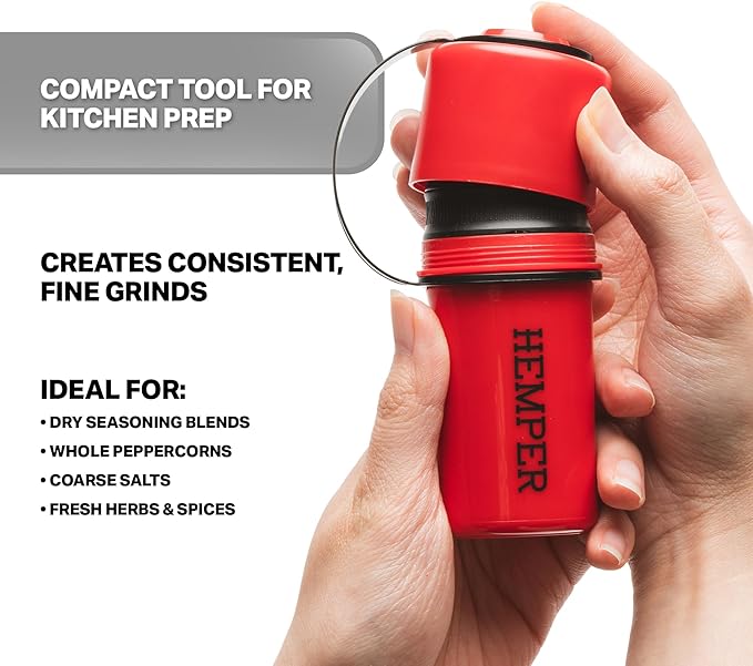 Hemper Keeper 3‑in‑1 Herb Grinder with Dual Storage Container - Smell‑Proof, Airtight & Water‑Resistant - Built‑In Removable Grinder, Dual Compartments for Flower & Ground - (Red & Black)