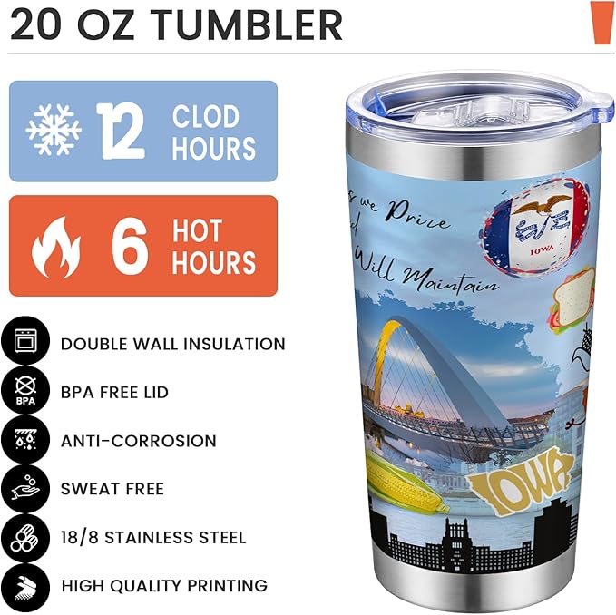 20oz Insulated Tumbler Iowa State Coffee Mug, United States Map Travel Mug Landmark, Birthday Gifts Cute Custom Tumbler Cups with Lid and Straw Mothers Day Gifts