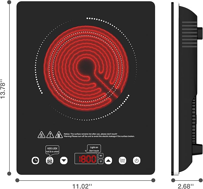 Portable Electric Cooktop, 1800W Single Burner Electric Stove with Touch Control, Child Safety Lock, Timer, 9 Power Level, Overheat Protection, Compact Induction Cooktop for Home Dorm Office