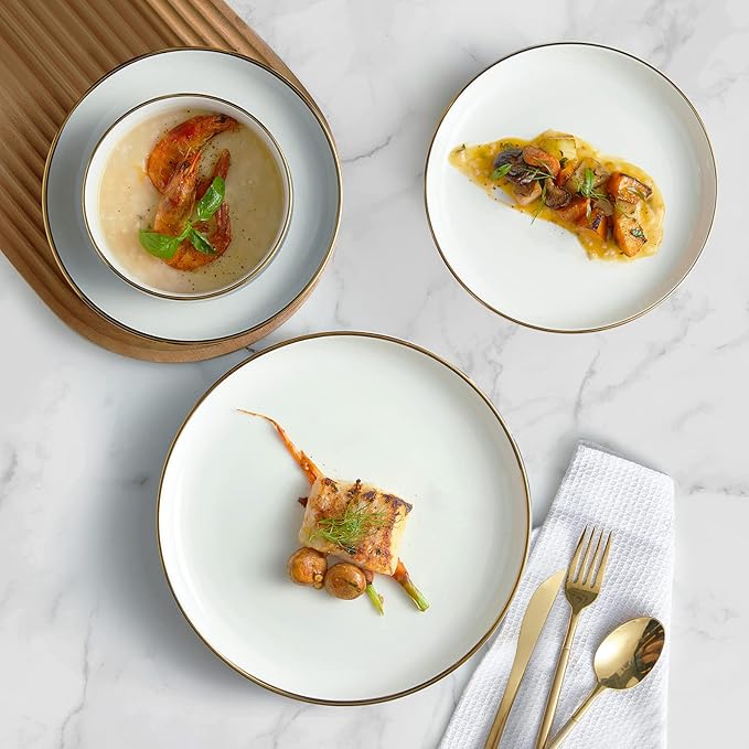 Porcelain Dinnerware Sets, 12 Piece Luxury China Plates and Bowls Sets, Green Dishes Set Gold Rim for Wedding Anniversary Birthday, Modern Dinner Plates Set