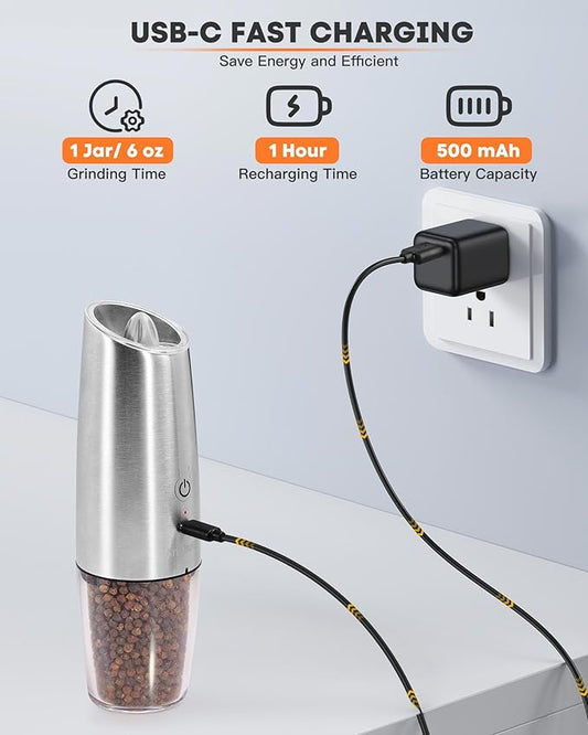 AmuseWit Gravity Electric Pepper Mill or Salt Grinder Mill [White Light] USB Rechargeable Automatic Pepper Grinder, Adjustable Coarseness, One-Handed Operation, Stainless Steel