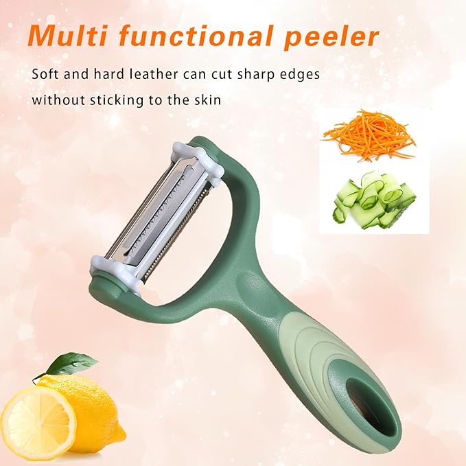 3-in-1 Rotary Vegetable Peeler with 3 Blades - Multi-Function Stainless Steel Peeler & Julienne Slicer - Ergonomic Non-Slip Grip Handle for Potato, Carrot, Fruit, Tomato, Kitchen Gadgets (Green)