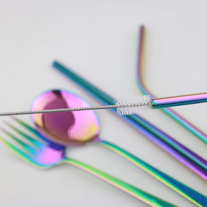 304 Stainless Steel Flatware Set Reusable Utensils Set with Straws Portable Travel for Camping Hiking,Dishwasher Safe,Set of 7, Mirror Colorful Rainbow