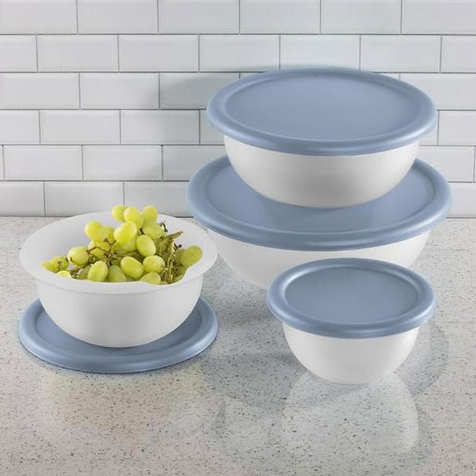 Sterilite Covered Bowl Set, Plastic Nesting Kitchen Mixing Bowls with Pour Spout, Meal Prep Food Storage Containers with Lids, Washed Blue (Set of 18)
