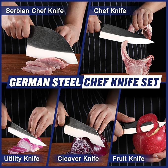 SSGP Butcher Knife Set of 5- Japanese Knife Set for Meat Cutting, Hand Forged Viking Knives Sets with Meat Cleaver, Heavy-Duty Kitchen Knives Sets for Bone BBQ Vegetable, Christmas Gifts for Men