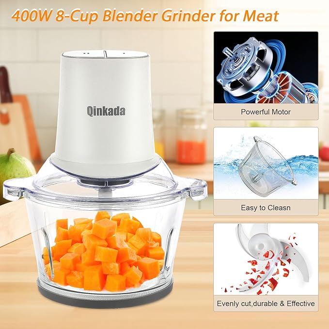 Food Processors with 2 Bowls, 400W Meat Grinder, Food Chopper Electric, 2 Speed, 8Cup Glass and 8Cup 304 Stainless Steel, 2 Blades, Spatula (White)
