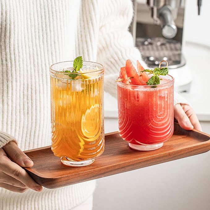 INSETLAN 12oz Vintage Glassware Arch Design Glass cups Set of 4, Fashioned Ripple Glassware Highball Glass, Classic Transparent Cocktail Glasses, for Bar Beverages Ice Coffee Juice Water (4pcs-S)