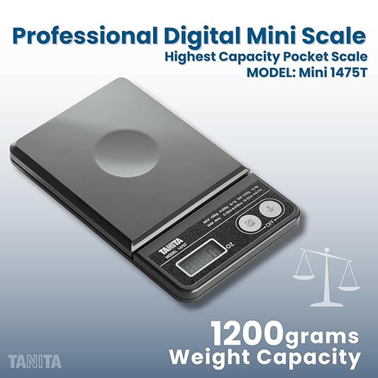 Tanita 1475T Professional High Capacity Scale 1200g Max - Gram Ounce Modes - Precision Digital Pocket Scale - LCD Display - Detachable Tray - Japan Technology - Batteries Included - Tare Function