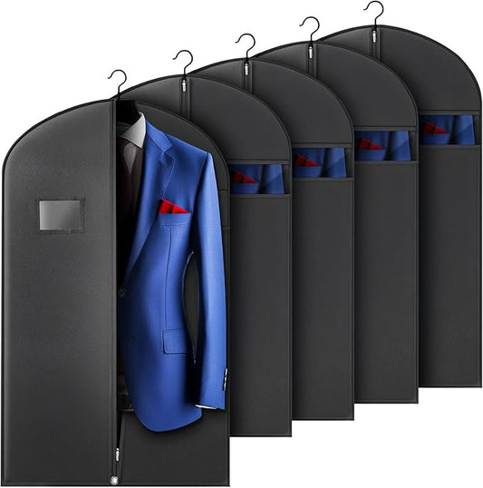 5 Pack 40-inch Suit Bag Garment Bag for Travel and Storage, Garment Bags for Hanging Clothes with Zipper and Visible Transparent Window, Black
