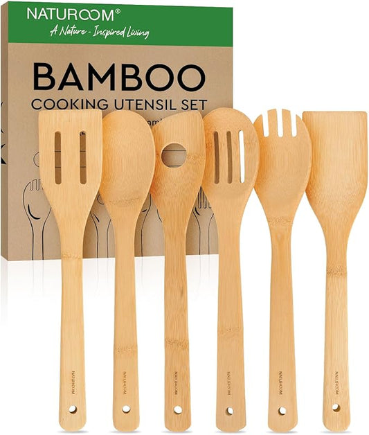 Naturoom Kitchen Utensils Set of 6 PCS, 12Inches Bamboo Wooden Cooking Spoon & Spatula Tools Perfect for Non-Stick Cookware. (Set of 6)