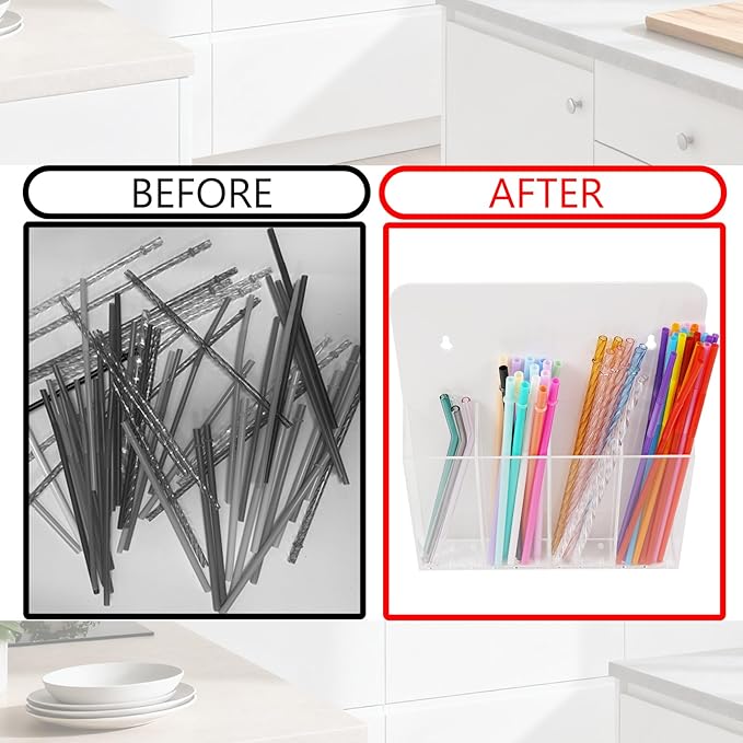 Acrylic Straw Holder for Cabinet Door Large Capacity 12"x10" Reusable Tumbler Drinking Straws Organizer Dispenser Storage for Cupboard with Ultra Sticky Adhesive Squares and Stickers