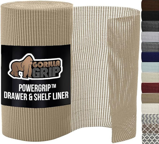 GORILLA GRIP powerGRIP Drawer Shelf and Cabinet Liner, Thick Strong Hold, Non-Adhesive Liners Protect Kitchen Cabinets and Cupboard, Bathroom Drawers, Easy Install, Breathable Mat, 17.5" x10', Beige