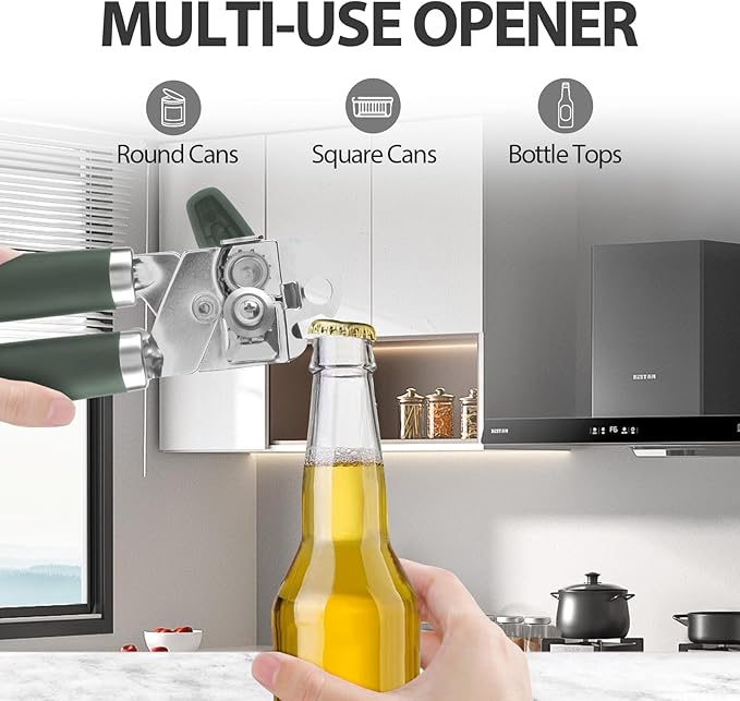 Can Opener Manual, Heavy Duty Handheld Strong Can Opener with Soft Touch Handle, Sharp Blade Smooth Edge, Can Openers with Multifunctional Bottle Opener, Hunter Green