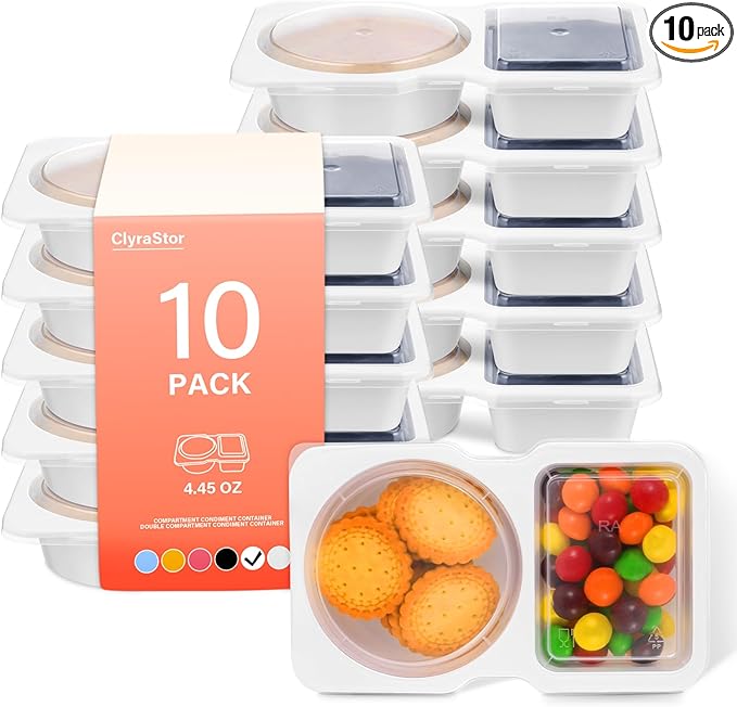 Double Compartment Snack Containers with Lids, 2 Compartment Condiment Container, Plastic Disposable Snack Pack Containers for Sauce, Salad, Food Storage Box(10PCS-White)