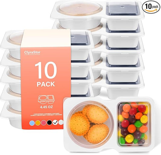 Double Compartment Snack Containers with Lids, 2 Compartment Condiment Container, Plastic Disposable Snack Pack Containers for Sauce, Salad, Food Storage Box(10PCS-White)