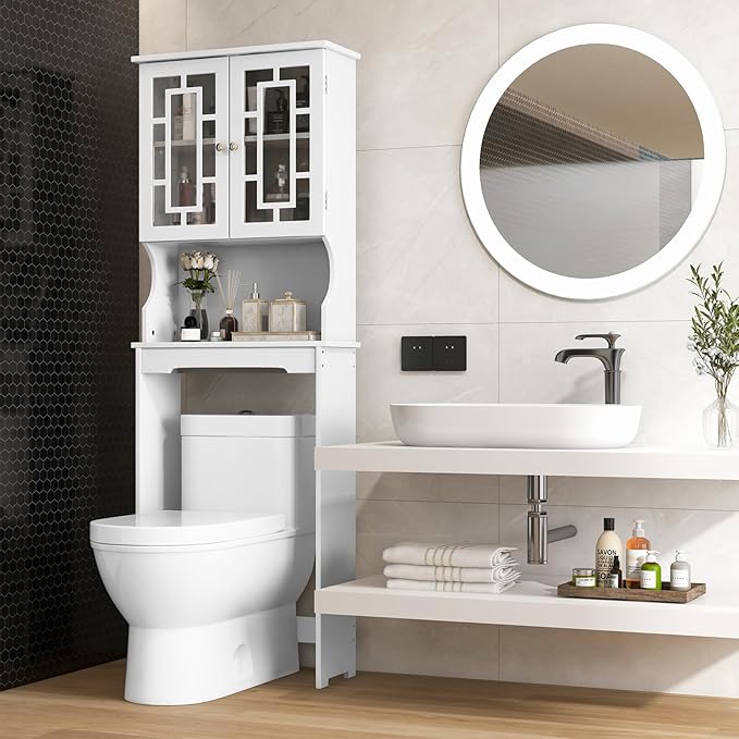 COSTWAY Over The Toilet Storage Cabinet, Bathroom Shelf Over Toilet, Double Door Bathroom Storage Cabinet Organizer with Adjustable Shelf, Open Shelf (White)