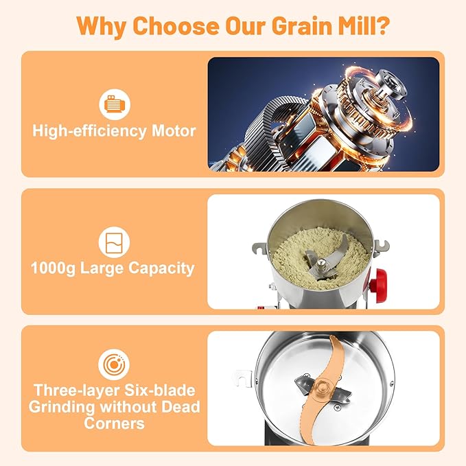 1000g Electric Grain Mill Grinder, High Speed 3600W Commercial Grinders, Stainless Steel Machine for Dry Grains, Coffee, Corn (1000g/2.2lbs Capacity)