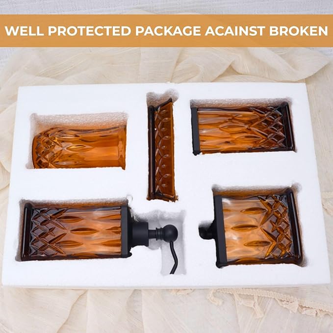 Bathroom Accessories Set,5 Pcs Amber Glass Bathroom Accessory Set,Complete Lotion Soap Dispenser,Toothbrush Holder,Soap Dish,Tumbler & Jar,Modern Bathroom Decor Sets,Gift for Home Apartment,Square