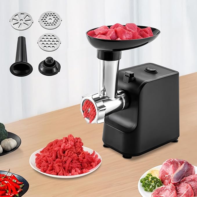 Meat Grinder, 1000W Electric Grinder For Meat with Attachments, Stainless Steel Sausage Maker Machine Kubbe Kit with 3 Grinding Plates Automatic Meat Grinder for Home & Kitchen (Black)
