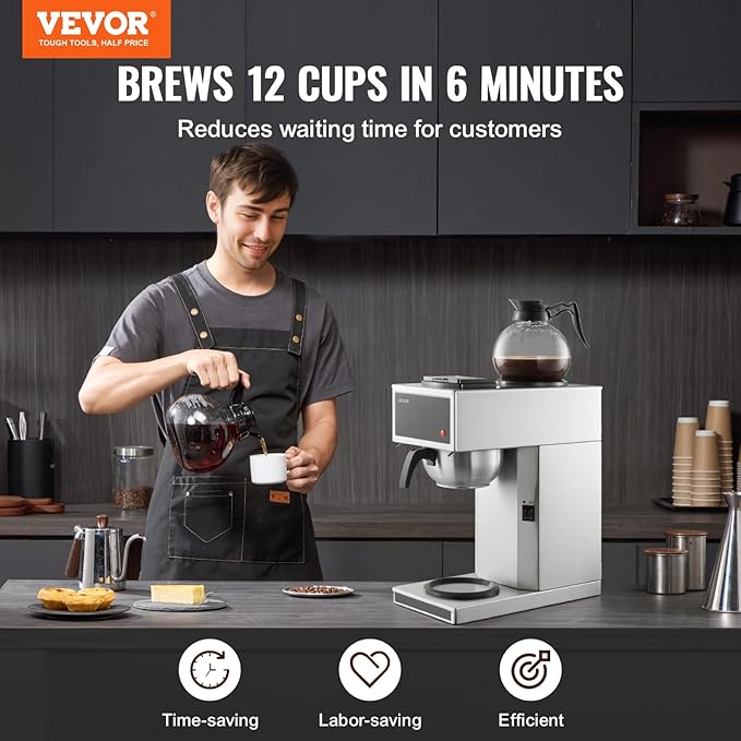 VEVOR Commercial Drip Coffee Maker, 12 Cups Coffee-Maker Machine with 2 Glass Carafes and 2 Decanter Warmer Plates, Stainless Steel Drip Style Coffee Brewer, for Restaurant, Office, Coffee Shop & Home